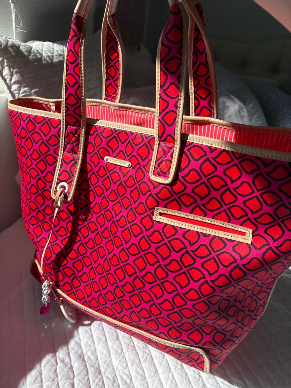 Juicy Couture Pink and Orange Large Geometric Tote with Cowhide Leather Trim - Picture 13 of 16
